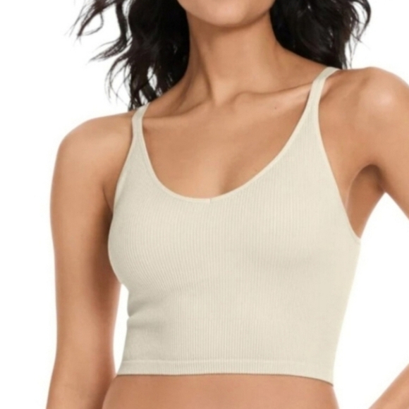 Lemon Set Of 2 Ribbed Yoga Bras Women's Size Large Cream Pink Seamless Lounge - Picture 2 of 15